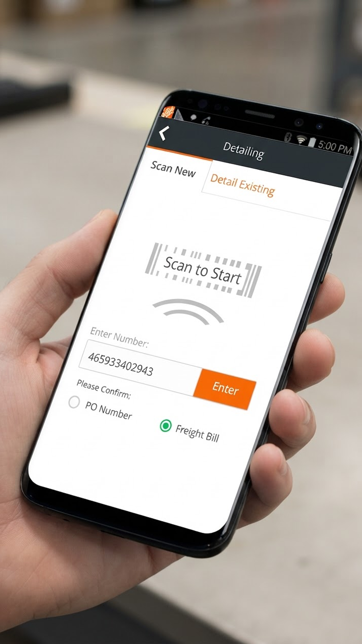 Receiving app on a handheld: scan to start