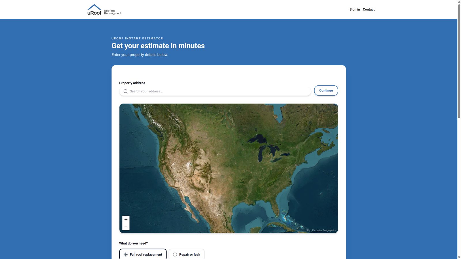 Instant estimator: address, satellite map, replacement or repair