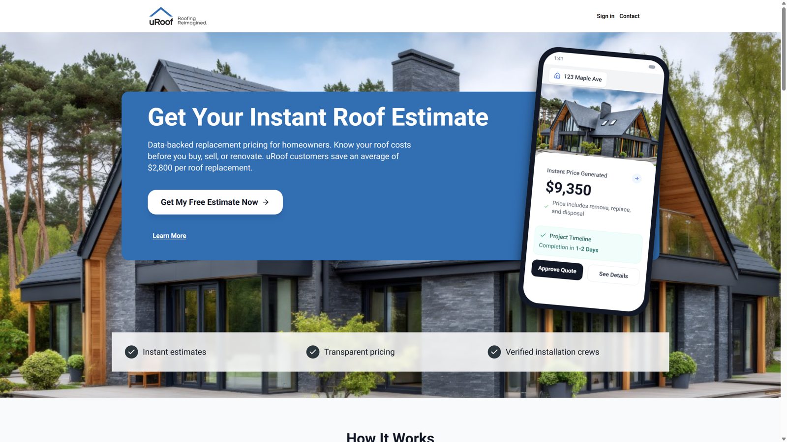uRoof landing: instant estimate for homeowners
